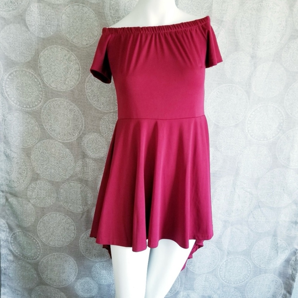 Red Cocktail Dress Burgundy Off Shoulder Skater High Low Pleated Dress A Line